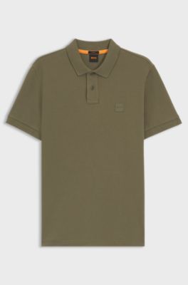 Polo slim fit de algod&oacute;n el&aacute;stico con parche de logo, Oliva