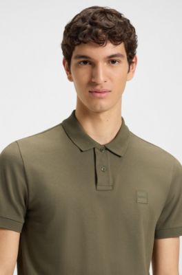Stretch-cotton slim-fit polo shirt with logo patch, Olive