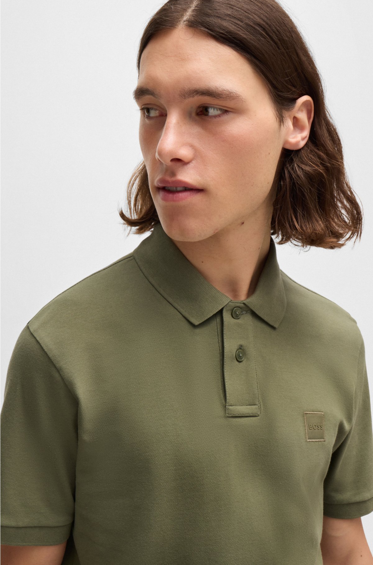 Stretch-cotton slim-fit polo shirt with logo patch, Light Green
