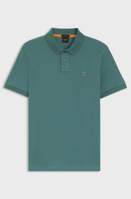 Polo Slim en coton stretch &agrave; patch logo, Vert