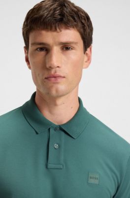 Polo Slim en coton stretch &agrave; patch logo, Vert