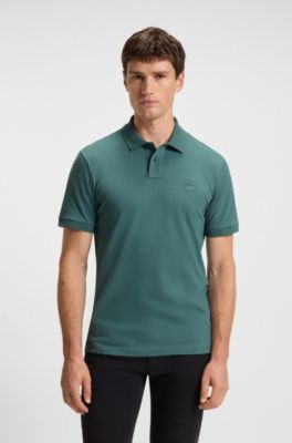 Polo Slim en coton stretch &agrave; patch logo, Vert