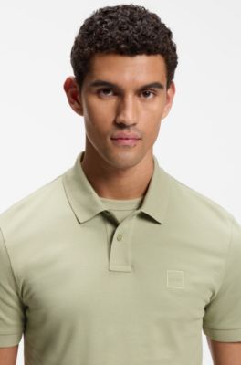 Stretch-cotton slim-fit polo shirt with logo patch, Light Green