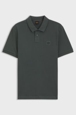 Stretch-cotton slim-fit polo shirt with logo patch, Dark Green
