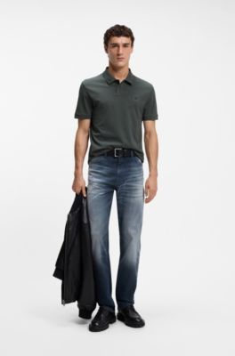 Stretch-cotton slim-fit polo shirt with logo patch, Dark Green