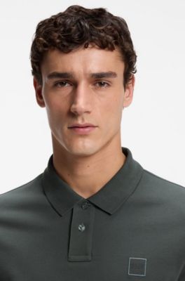 Stretch-cotton slim-fit polo shirt with logo patch, Dark Green