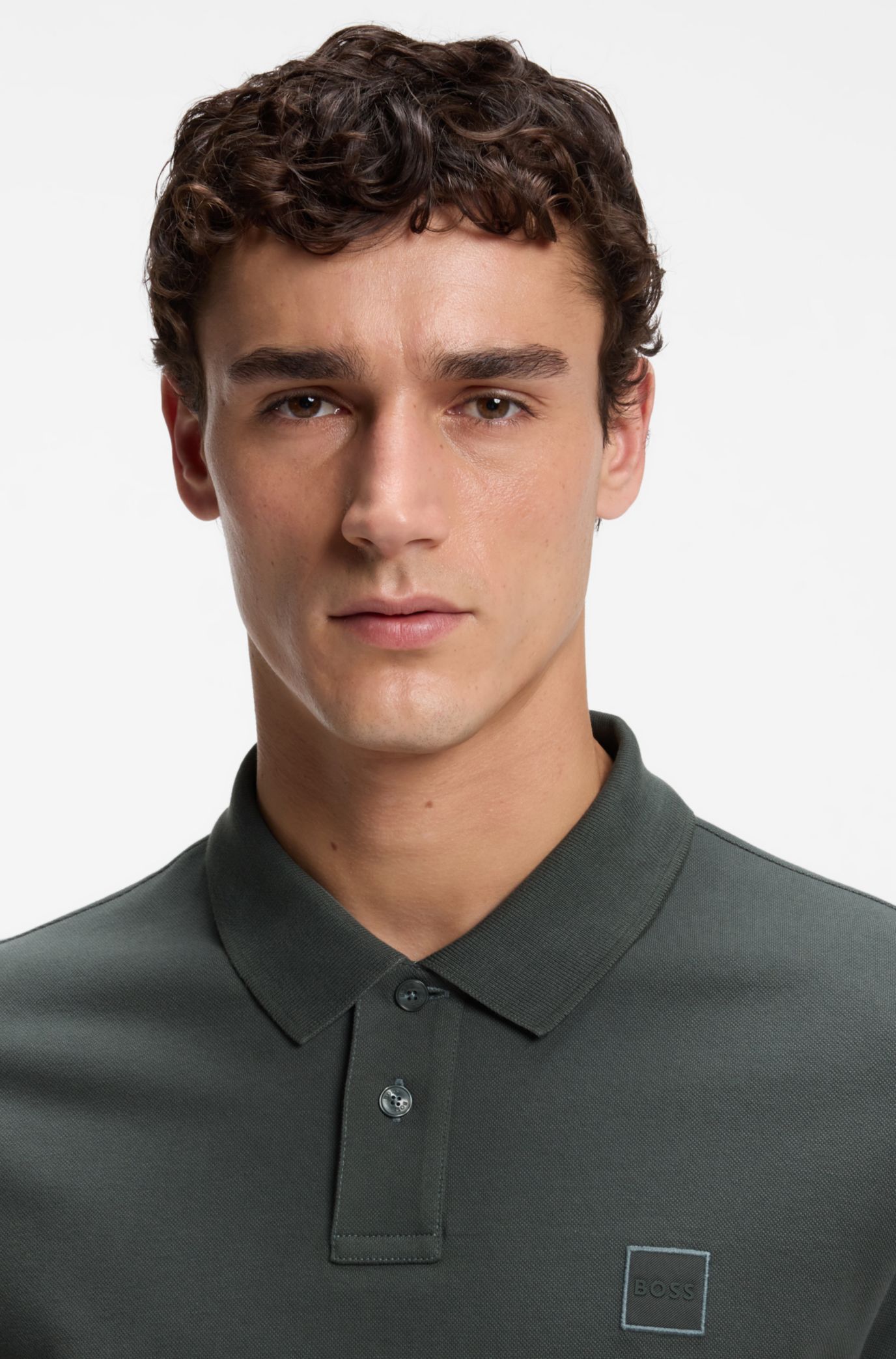 Stretch-cotton slim-fit polo shirt with logo patch, Dark Green