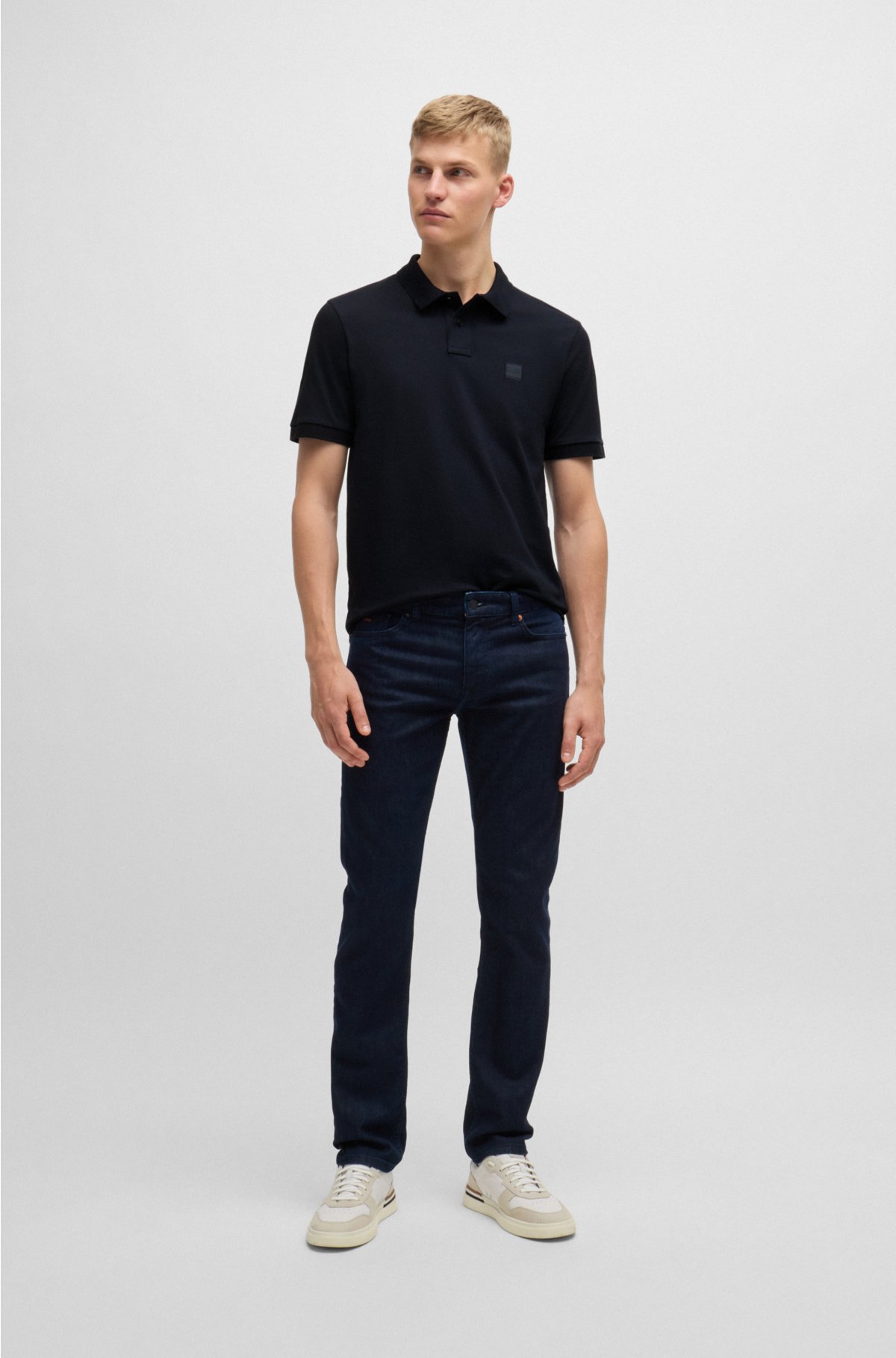 Stretch-cotton slim-fit polo shirt with logo patch, Dark Blue
