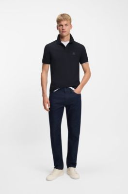 Stretch-cotton slim-fit polo shirt with logo patch, Dark Blue