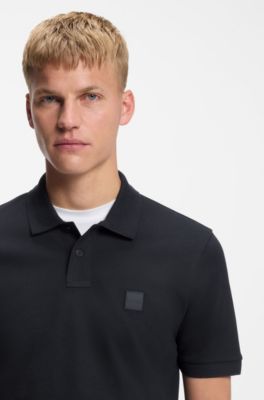 Polo Slim en coton stretch &agrave; patch logo, Bleu fonc&eacute;