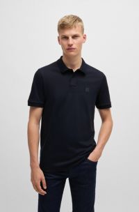 Polo slim fit in cotone elasticizzato con toppa con logo, Blu scuro