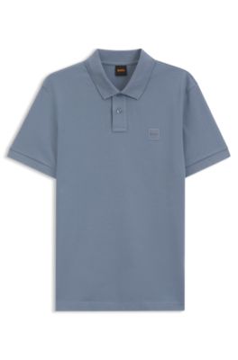 Stretch-cotton slim-fit polo shirt with logo patch, Blue
