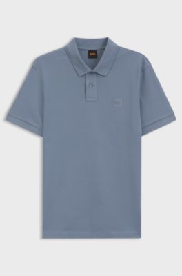 Stretch-cotton slim-fit polo shirt with logo patch, Blue