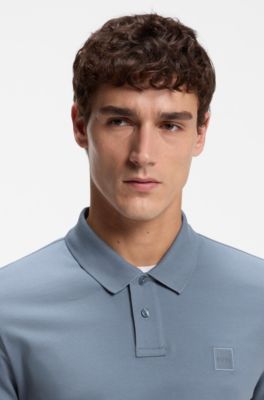 Stretch-cotton slim-fit polo shirt with logo patch, Blue