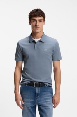 Stretch-cotton slim-fit polo shirt with logo patch, Blue