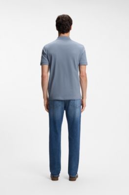 Stretch-cotton slim-fit polo shirt with logo patch, Blue