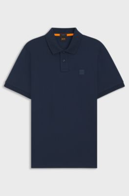 Stretch-cotton slim-fit polo shirt with logo patch, Dark Blue