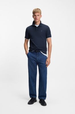 Polo Slim en coton stretch &agrave; patch logo, Bleu fonc&eacute;