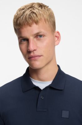 Stretch-cotton slim-fit polo shirt with logo patch, Dark Blue