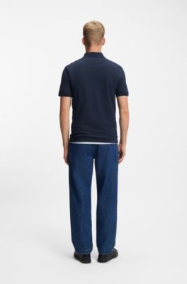 Polo Slim en coton stretch &agrave; patch logo, Bleu fonc&eacute;