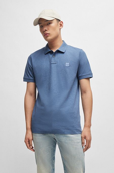 Stretch-cotton slim-fit polo shirt with logo patch, Blue