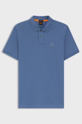 Stretch-cotton slim-fit polo shirt with logo patch, Blue