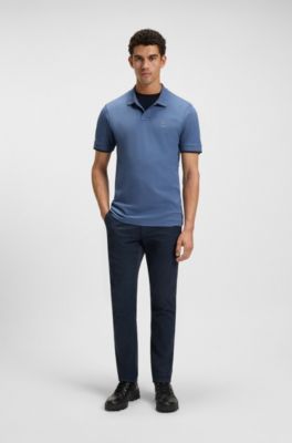 Stretch-cotton slim-fit polo shirt with logo patch, Blue