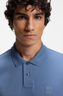 Stretch-cotton slim-fit polo shirt with logo patch, Blue