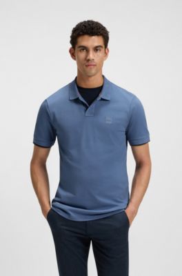 Stretch-cotton slim-fit polo shirt with logo patch, Blue