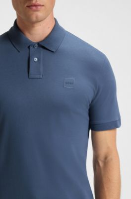 Stretch-cotton slim-fit polo shirt with logo patch, Blue