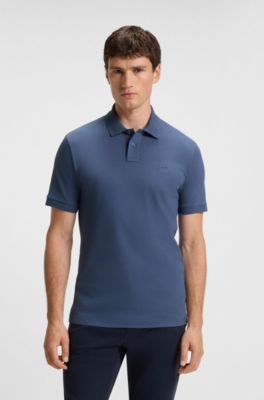 Stretch-cotton slim-fit polo shirt with logo patch, Blue