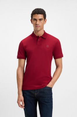 Polo Slim en coton stretch &agrave; patch logo, Rouge