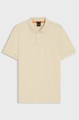Stretch-cotton slim-fit polo shirt with logo patch, Natural