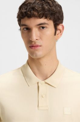 Stretch-cotton slim-fit polo shirt with logo patch, Natural
