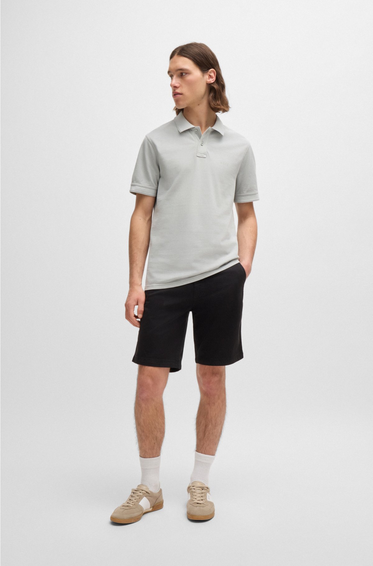 Cotton-piqué polo shirt with logo print, Light Grey