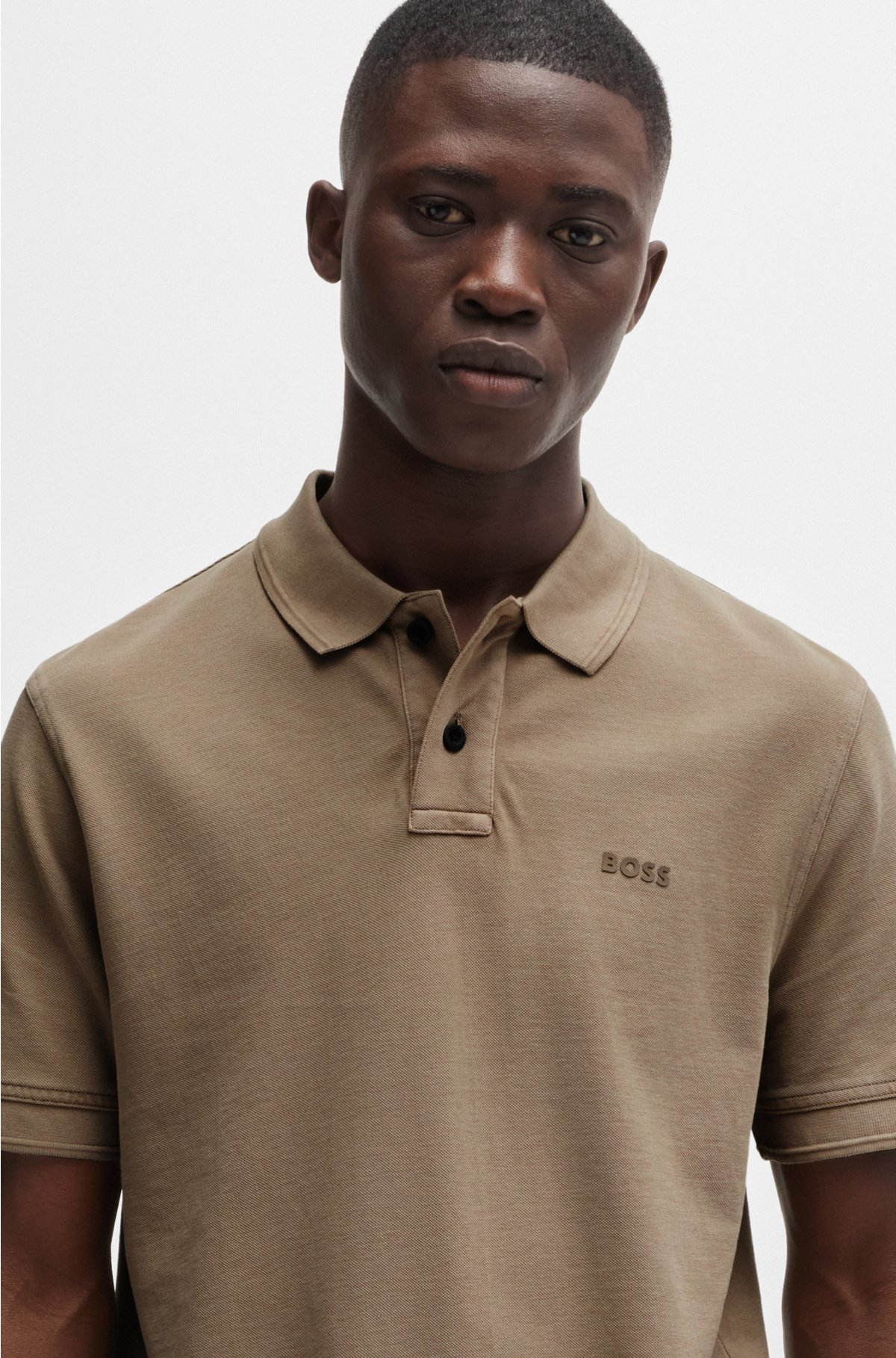 Cotton-piqué polo shirt with logo print, Light Brown