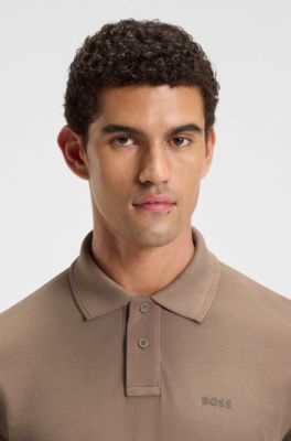 Cotton-piqu&eacute; polo shirt with logo print, Light Brown