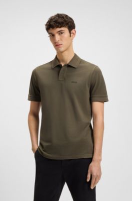 Cotton-piqu&eacute; polo shirt with logo print, Khaki
