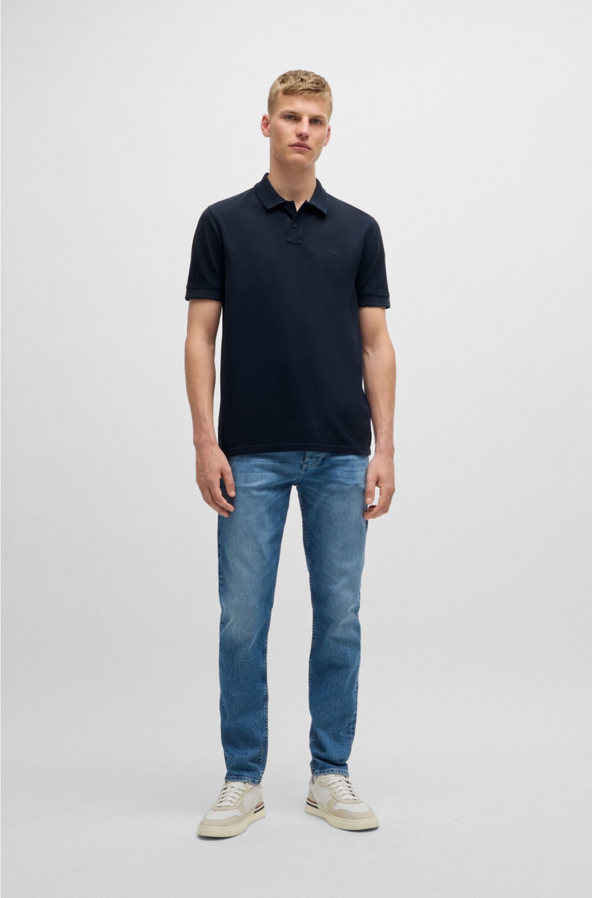 Cotton-piqué polo shirt with logo print, Dark Blue