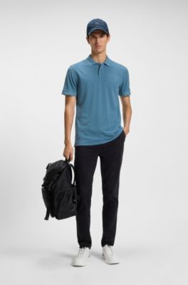 Cotton-piqu&eacute; polo shirt with logo print, Blue