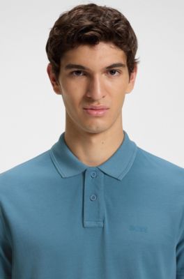 Cotton-piqu&eacute; polo shirt with logo print, Blue