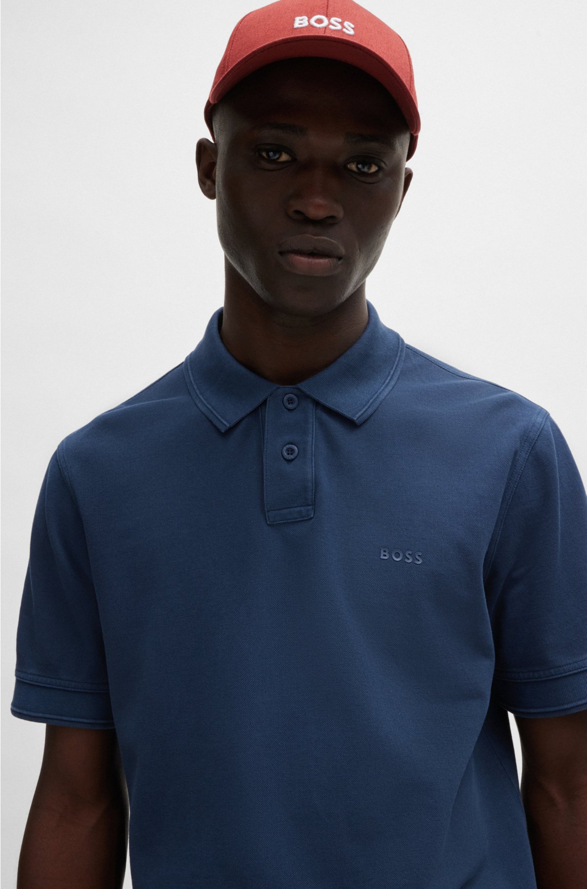 Cotton-piqué polo shirt with logo print, Dark Blue