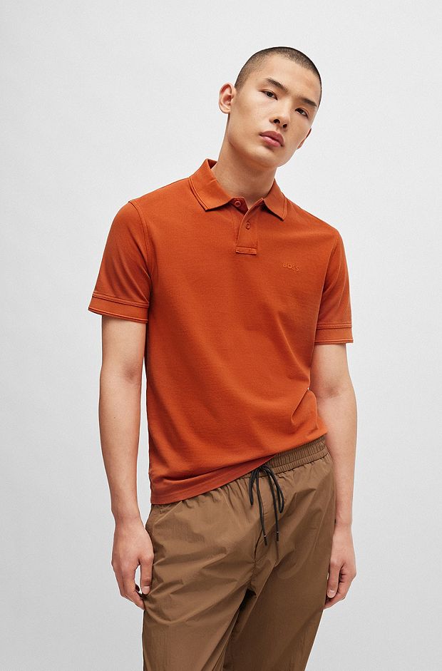 Cotton-piqué polo shirt with logo print, Orange
