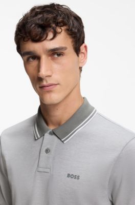 Cotton-piqu&eacute; polo shirt with logo print, Light Grey