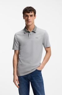 Cotton-piqu&eacute; polo shirt with logo print, Light Grey