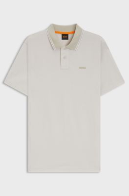 Cotton-piqu&eacute; polo shirt with logo print, Natural