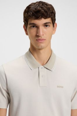 Cotton-piqu&eacute; polo shirt with logo print, Natural