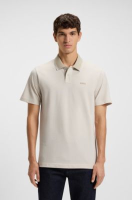 Cotton-piqu&eacute; polo shirt with logo print, Natural