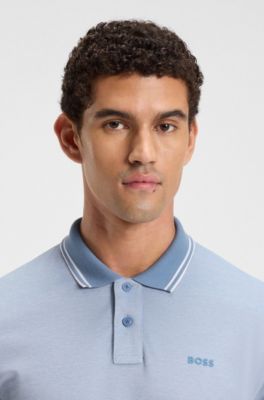 Cotton-piqu&eacute; polo shirt with logo print, Light Blue