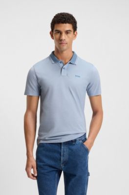 Cotton-piqu&eacute; polo shirt with logo print, Light Blue